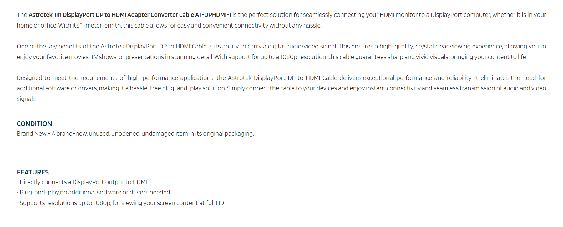 A large marketing image providing additional information about the product Astrotek Displayport to HDMI 1.4 Cable - 1m - Additional alt info not provided